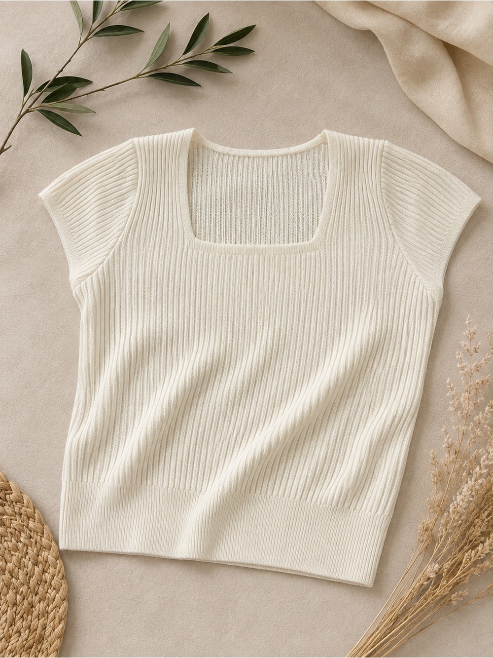 Cream Square-Neck Ribbed Knit Sweater Top